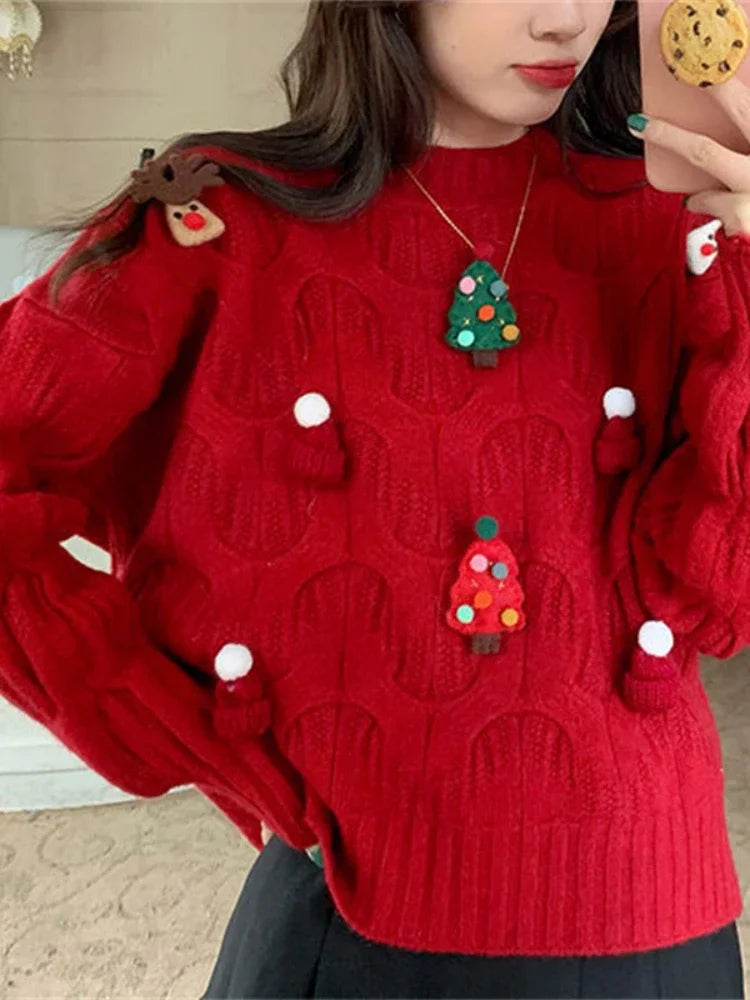 Sweater Women Knitted Print Christmas Jumper Elegant Lady Pullovers Long Sleeve